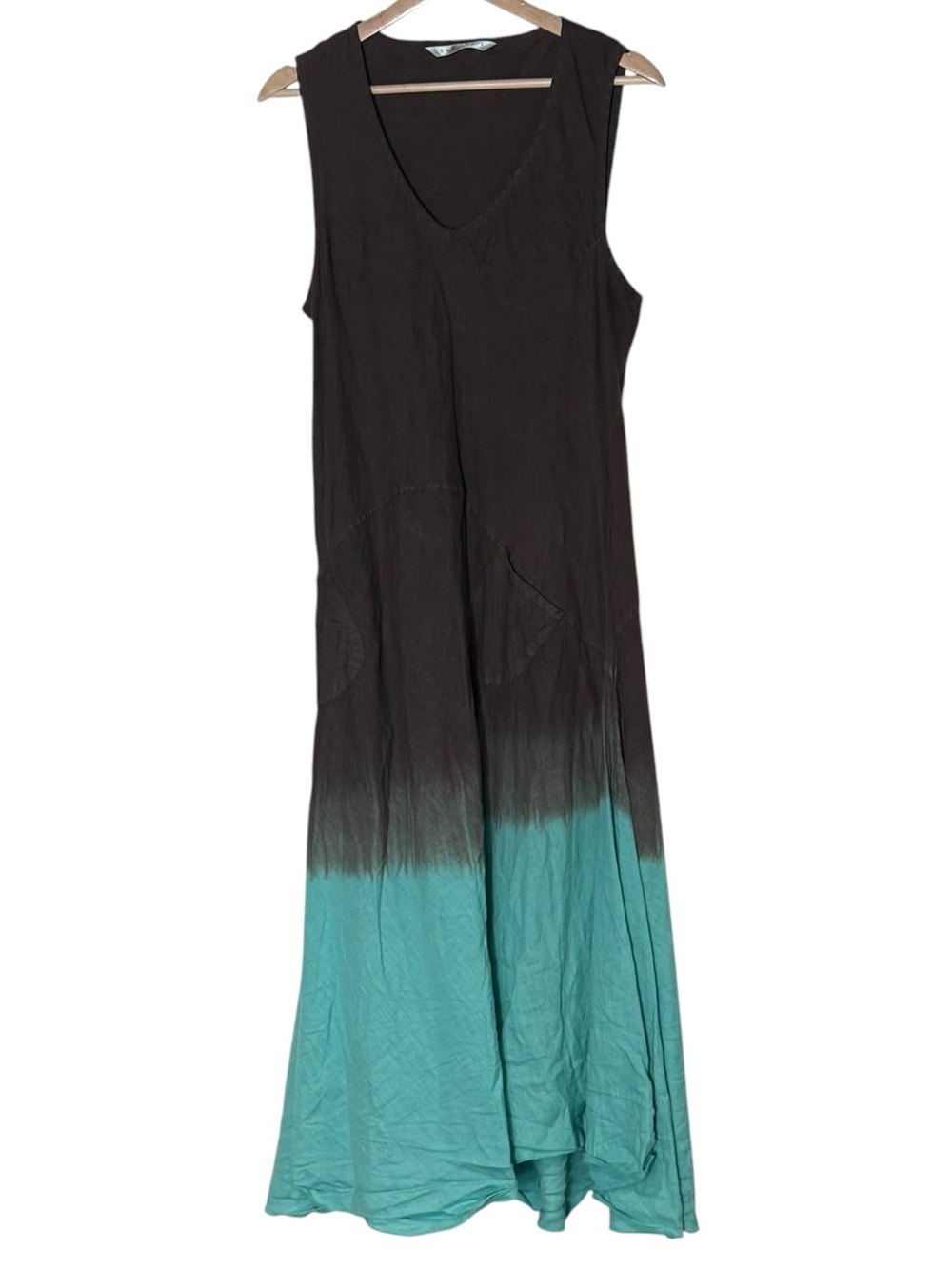 Luna Luz 100% linen Sleeveless V-Neck Ombre Dip-Dye Maxi Dress Size L Brown Teal
